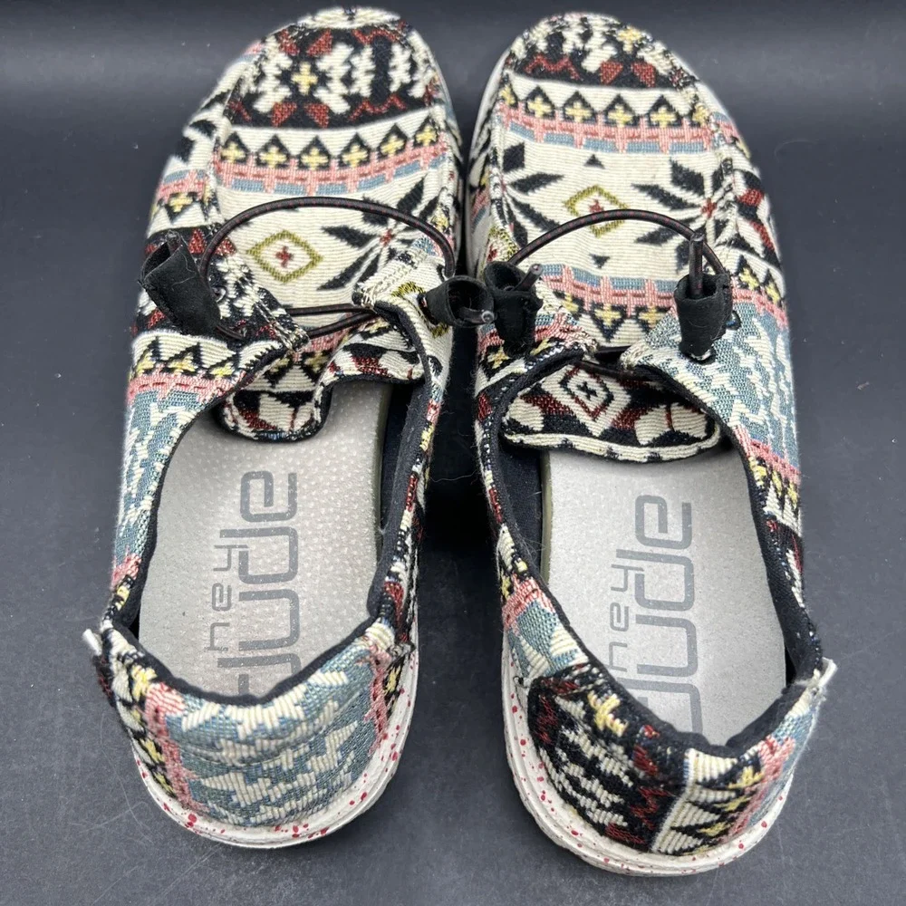 Size 8 - Hey Dude Wendy Woven Black Aztec Women's Slip On Loafers Boat Shoes